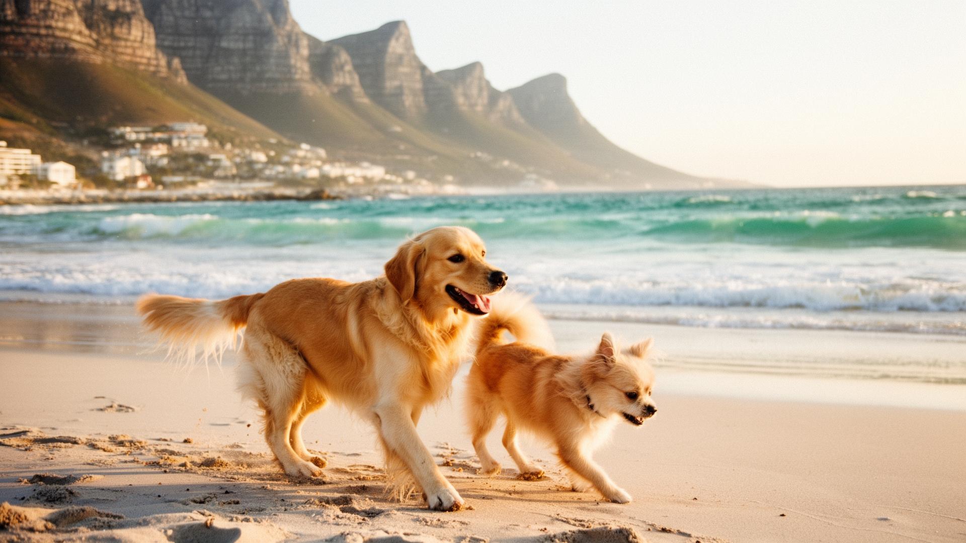 Dogs running freely on the sandy beach with ocean waves in Cape Town