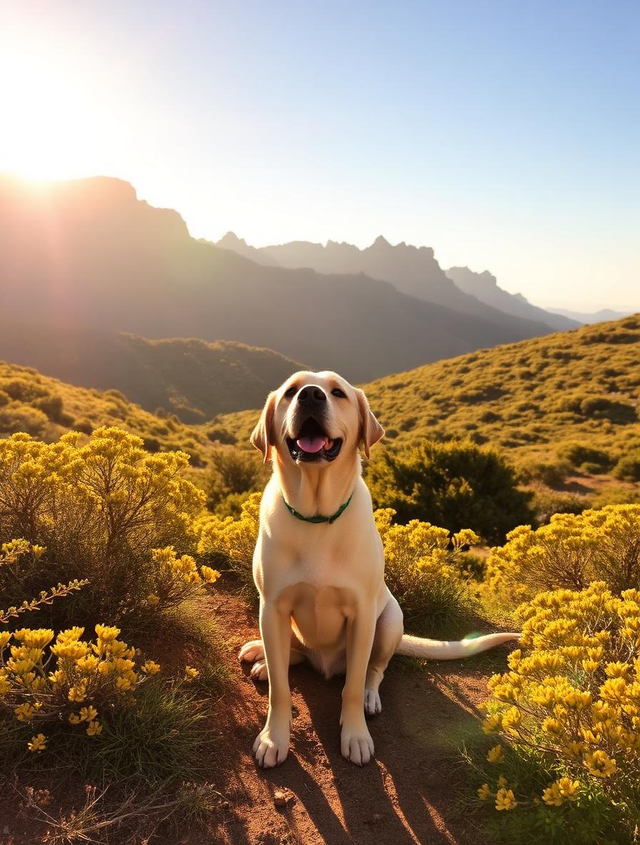 A Labrador retriever enjoying a peaceful morning walk on a mountain trail