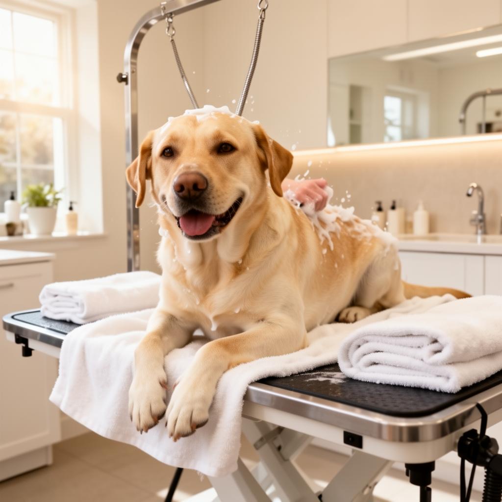 A beautiful yellow Labrador retriever being gently bathed and groomed at the South Paws dog parlour